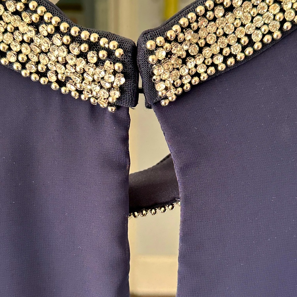 Xscape Women's Short Navy Dress Chiffon Overlay and Bead Choker Neck Size 16 EUC - Picture 10 of 10